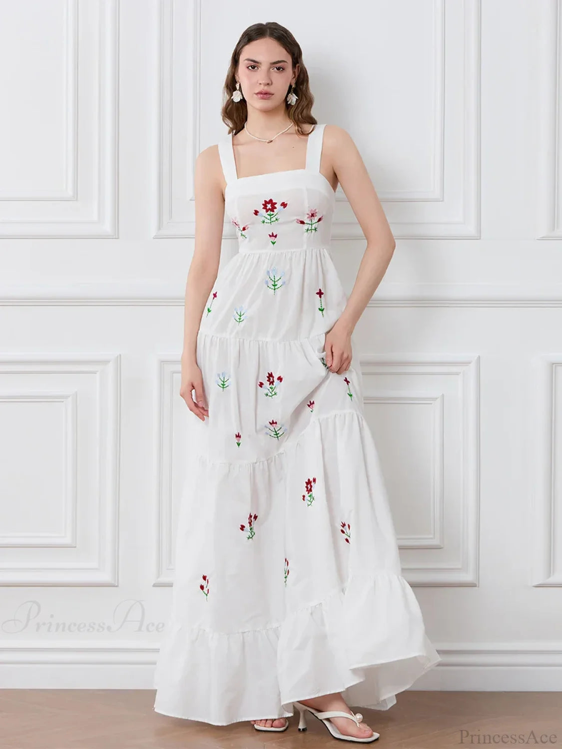 Embroidered Flower Ruched Tiered Slip Floral Dress floraldress-250126