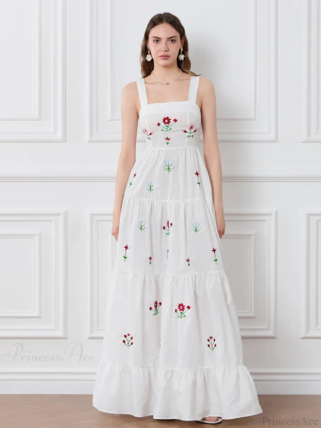 Embroidered Flower Ruched Tiered Slip Floral Dress WHITE / S floraldress-250126
