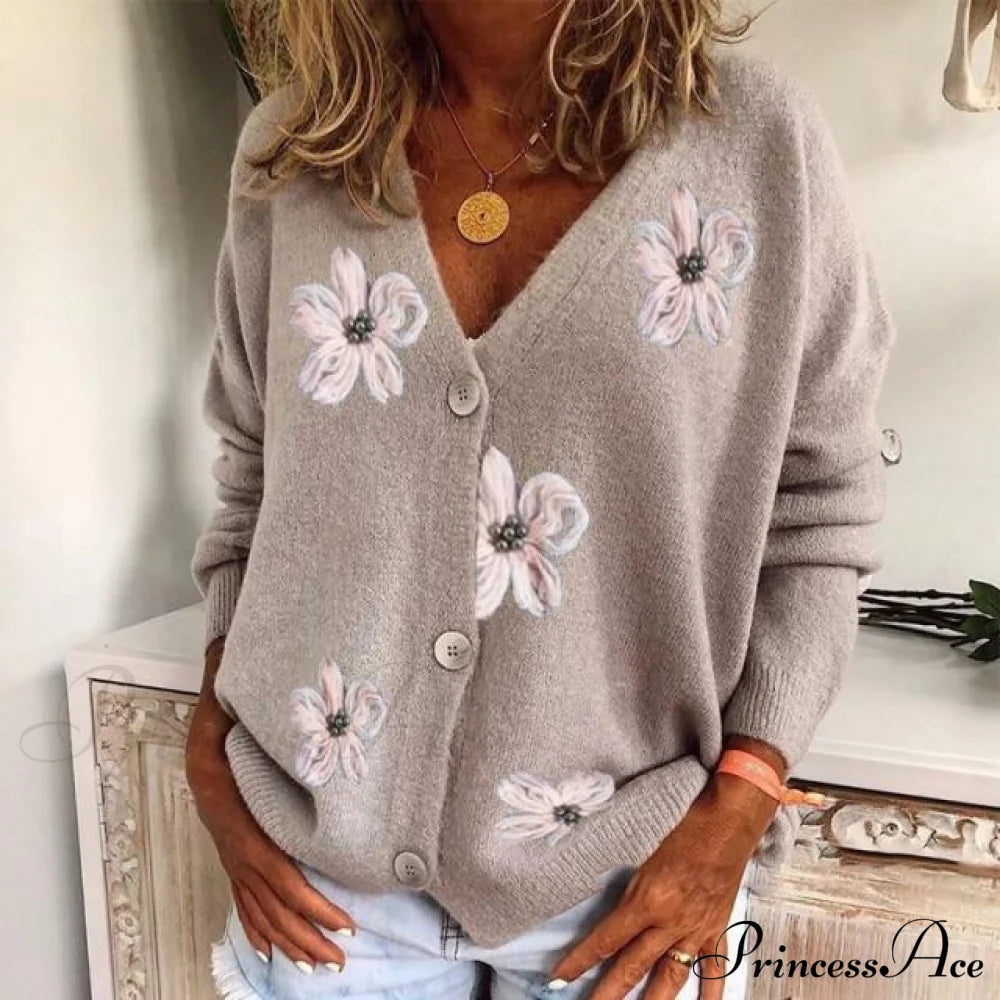 Floral Embroidery Casual Cardigan Grey Best Sellings cardigan cardigans clothes Sale tops Topseller