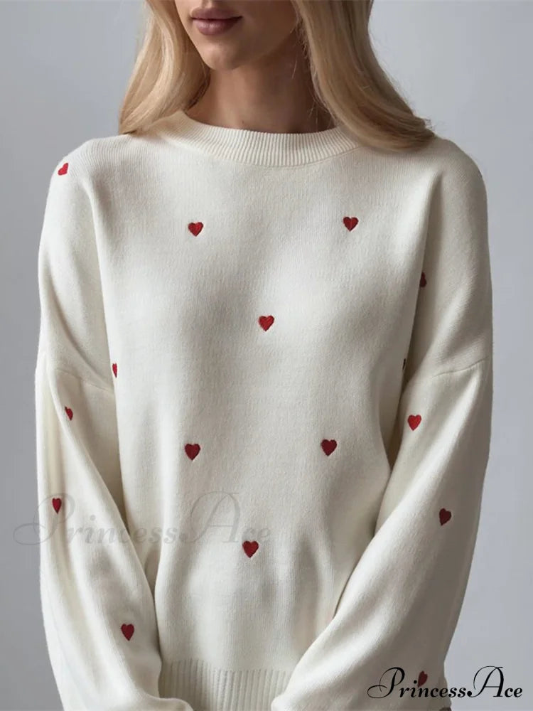 Embroidered Heart Graceful Oversized Knit Sweater Sweaters-L