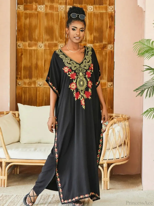 Embroidered Kaftan Beach Vacation Floral Dress oldfloraldress-250126