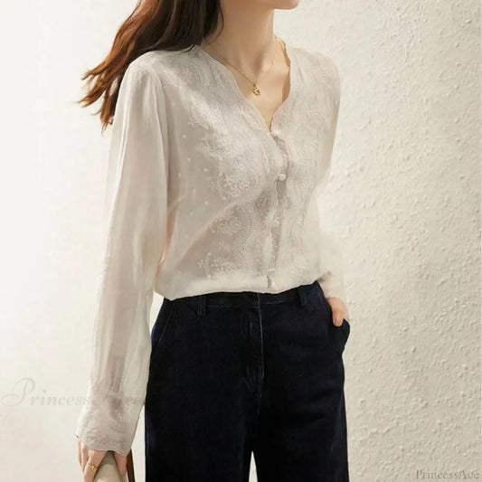 Embroidered Lace V-neck Linen Blouse Autumn Blouse blouse-250126