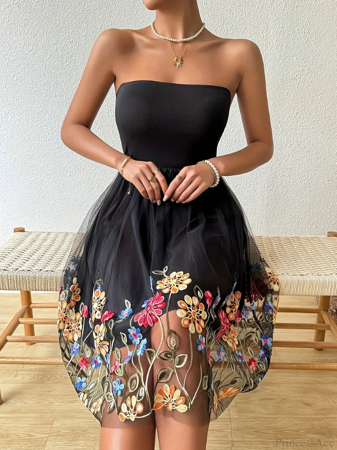 Embroidered Mesh Floral Strapless Vintage Floral Dress floraldress-250126