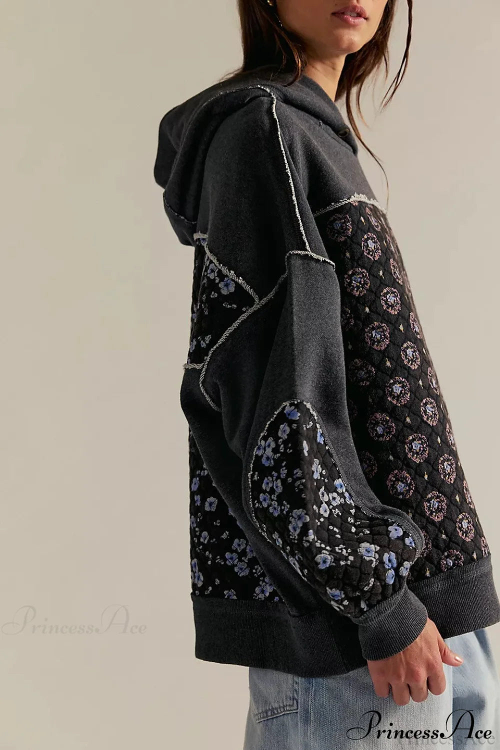 Embroidered Panel Design Casual Pullover Hoodie