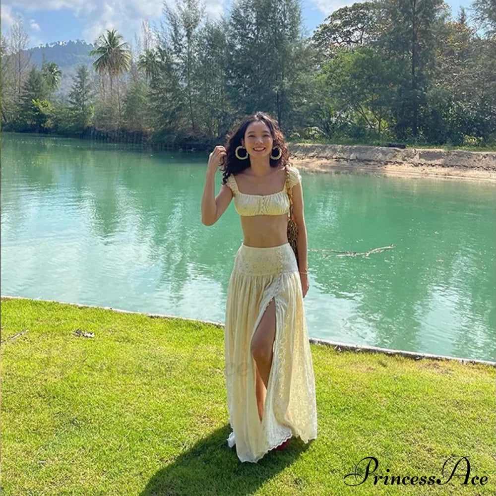 Embroidered Print Bralette Charming And Maxi Skirt Set Long Set