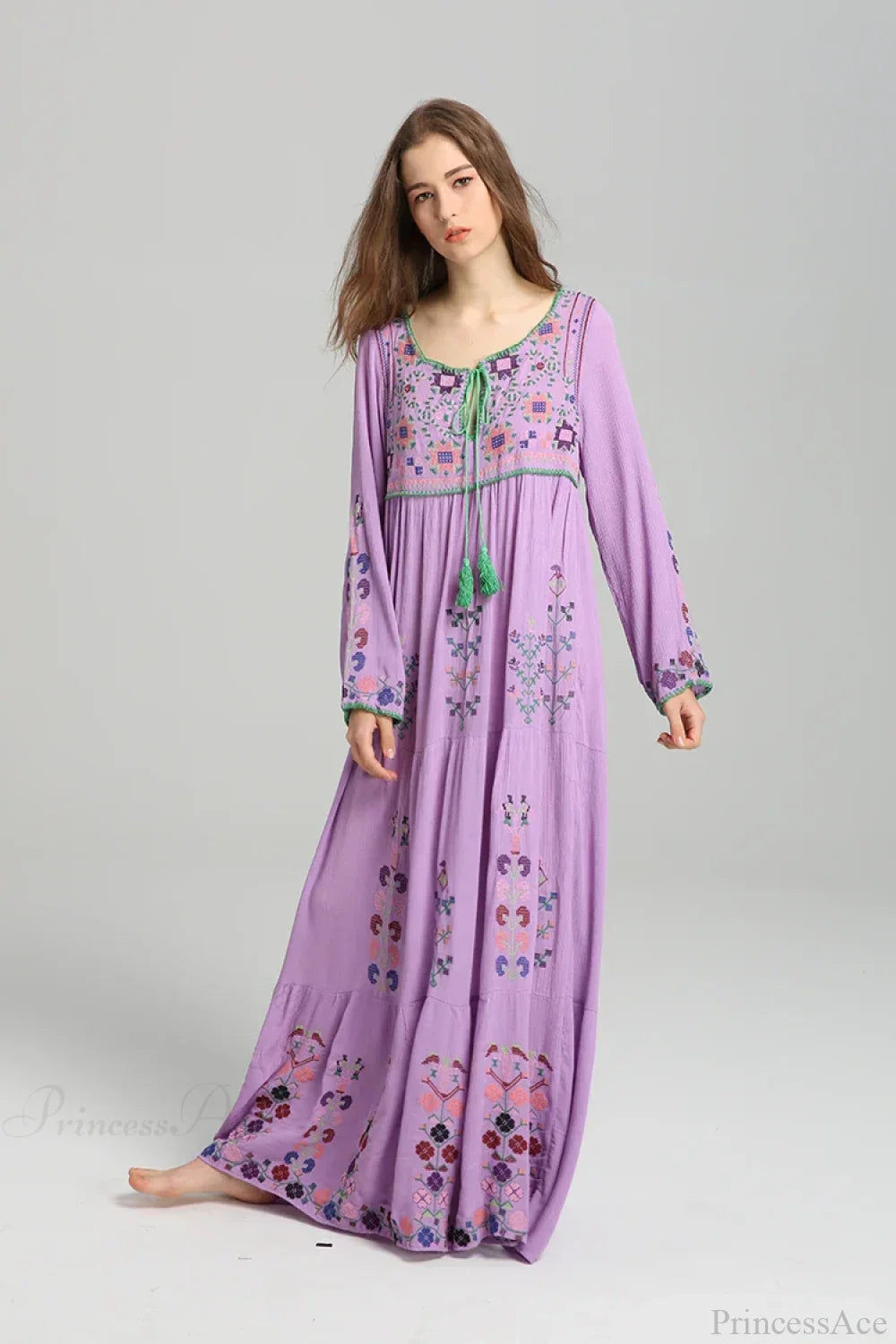 Embroidery Floral Long-sleeved Gypsy Maxi Boho Dress Purple / One Size bohodress-250126