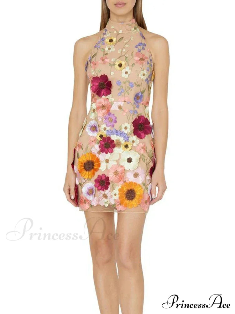 Embroidery Flower Bodycon Summer Sleeveless Backless Mini Slimvestidos De Mujer Floral Dress