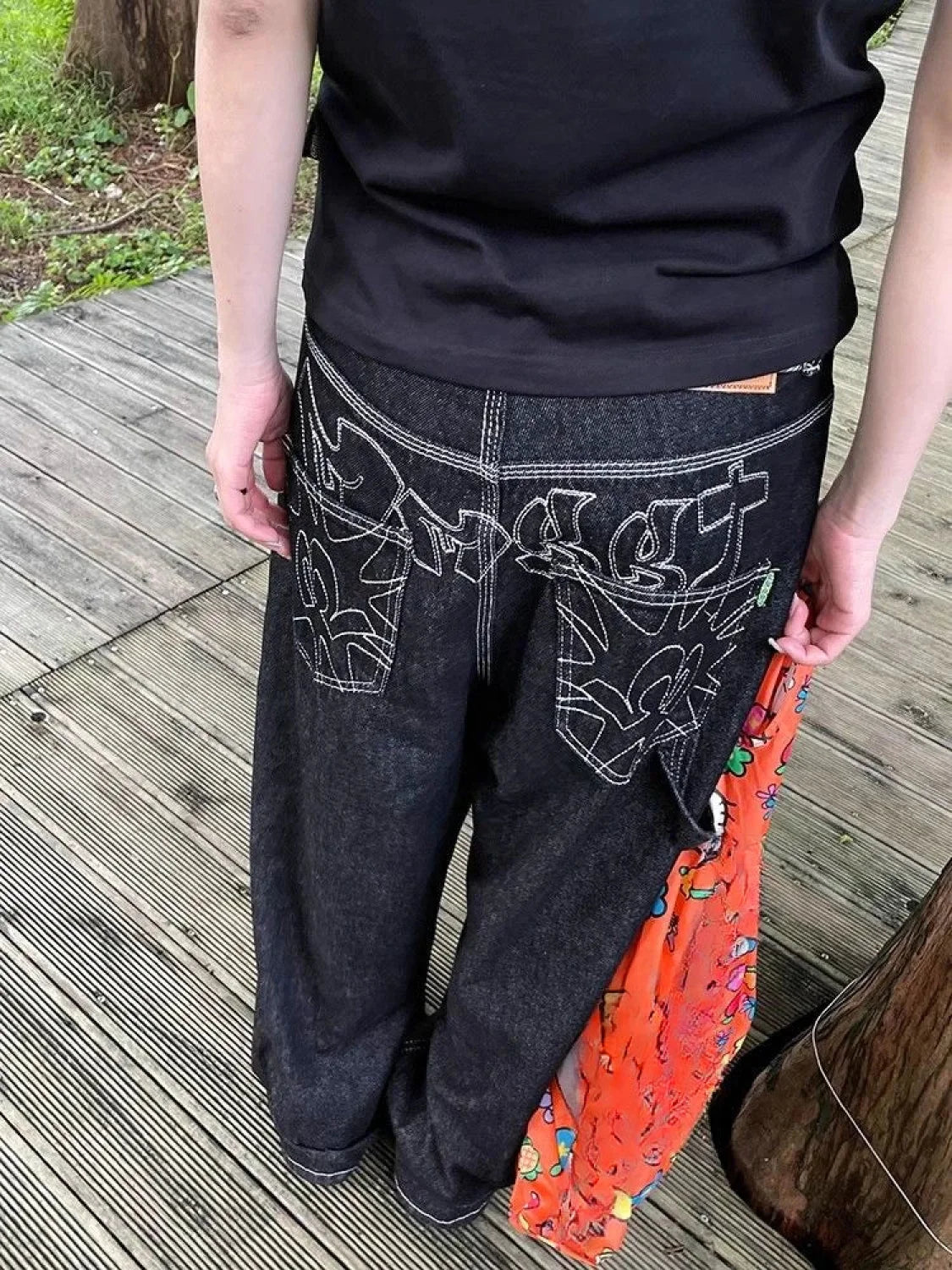 Embroidery Gothic Tall Waist Denim Pant Black / S