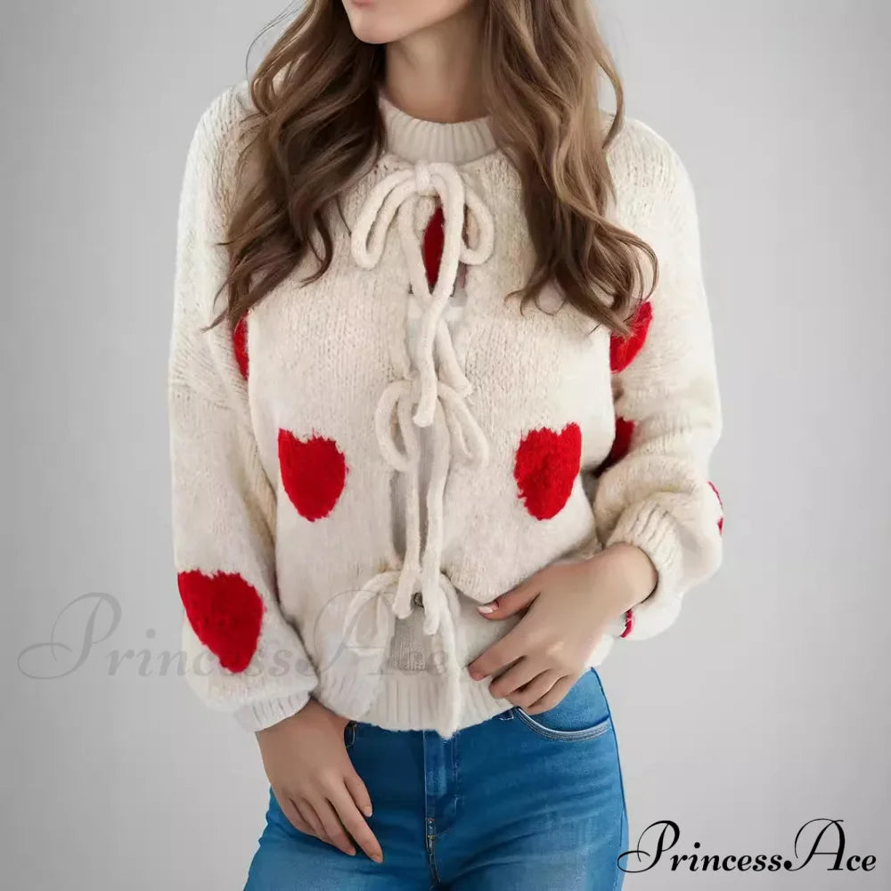 Embroidery Heart Lace-Up Cardigan Cardigan-241208