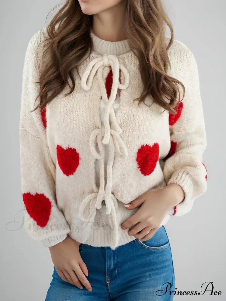 Embroidery Heart Lace-Up Cardigan Apricot Love / S Cardigan-241208