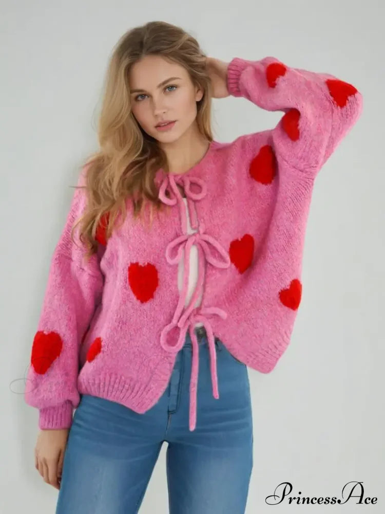 Embroidery Heart Lace-Up Cardigan Pink Love / S Cardigan-241208