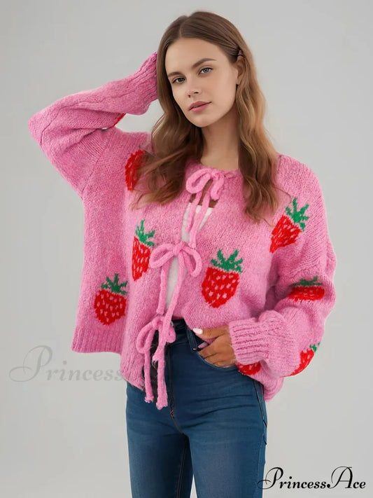 Embroidery Heart Lace-Up Cardigan Pink Strawberry / S Cardigan-241208