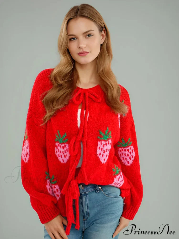 Embroidery Heart Lace-Up Cardigan Red Strawberry / S Cardigan-241208