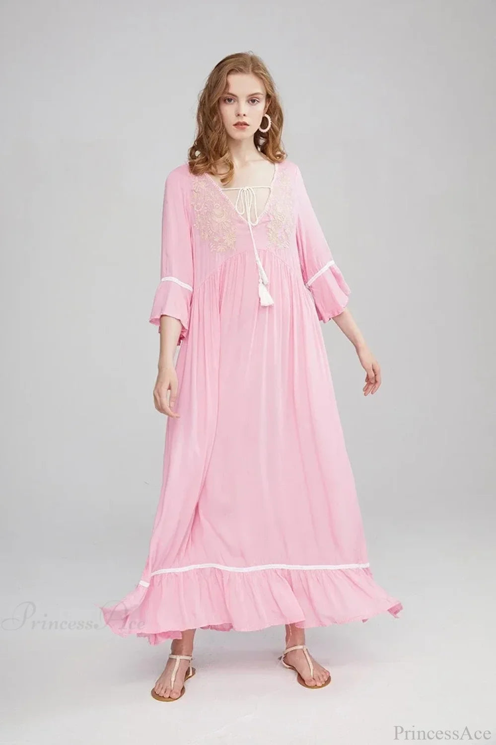 Embroidery Hollow Out Lace Retro White Boho Dress Pink / S bohodress-250126