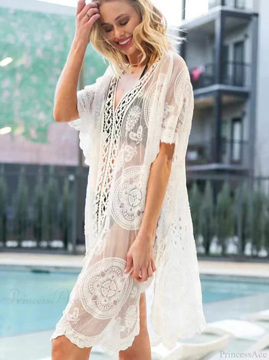 Embroidery Lace V-Neck Bikini Cover Up