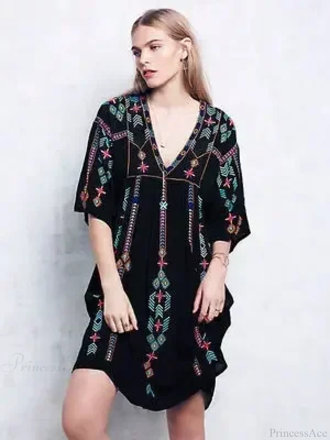 Embroidery Loose V-neck Black Elegant Boho Dress bohodress-250126