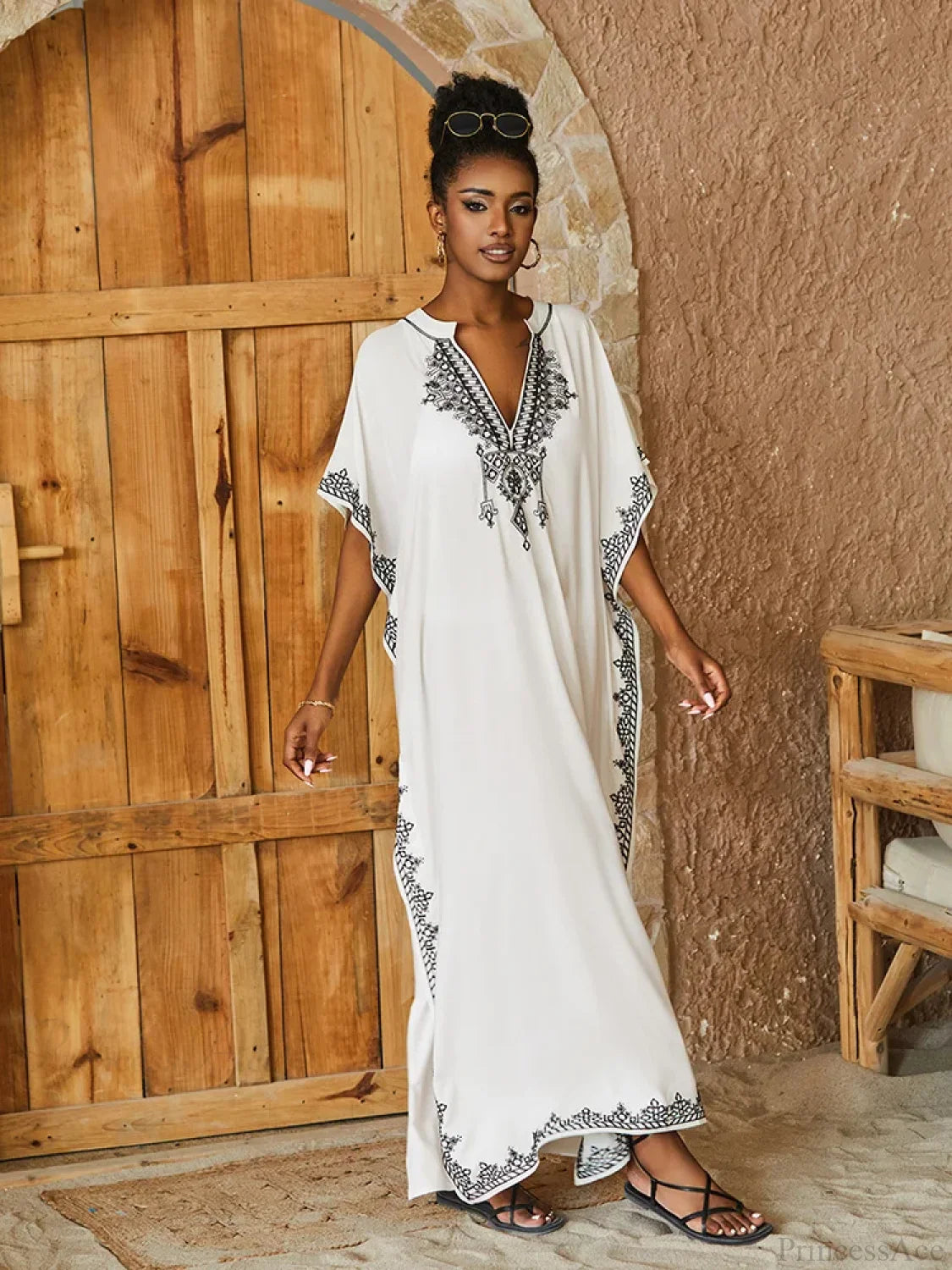 Embroidery Printed Long Dress Cover Up WHITE / One Size