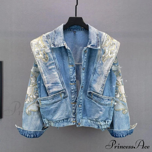 Embroidery Rhinestone Denim Jacket Blue / One Size