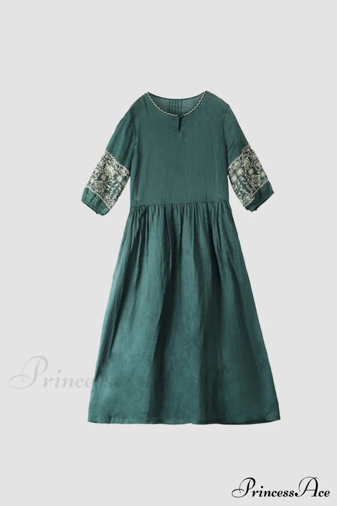 Emerald Embroidered Ramie Dress S / Midi Dresses