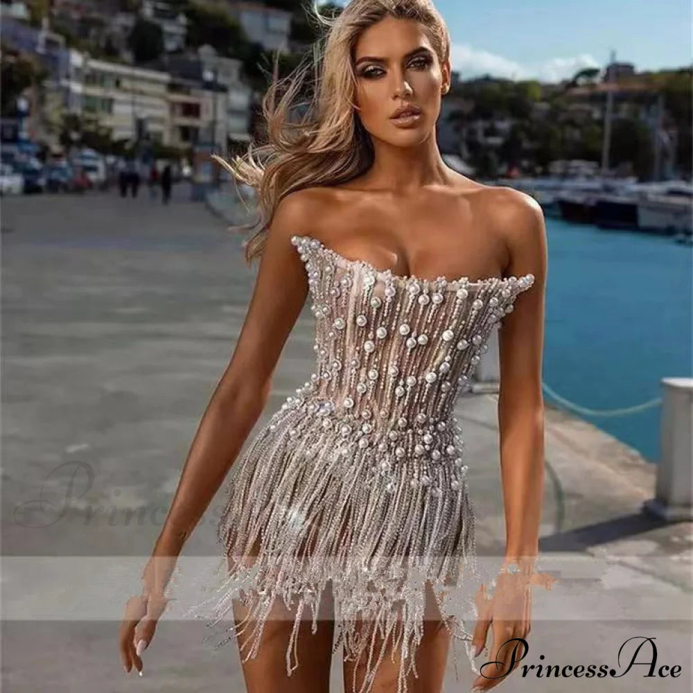 Emma Fringe Graceful Tassel Bodycon Dress Party Dresses-L