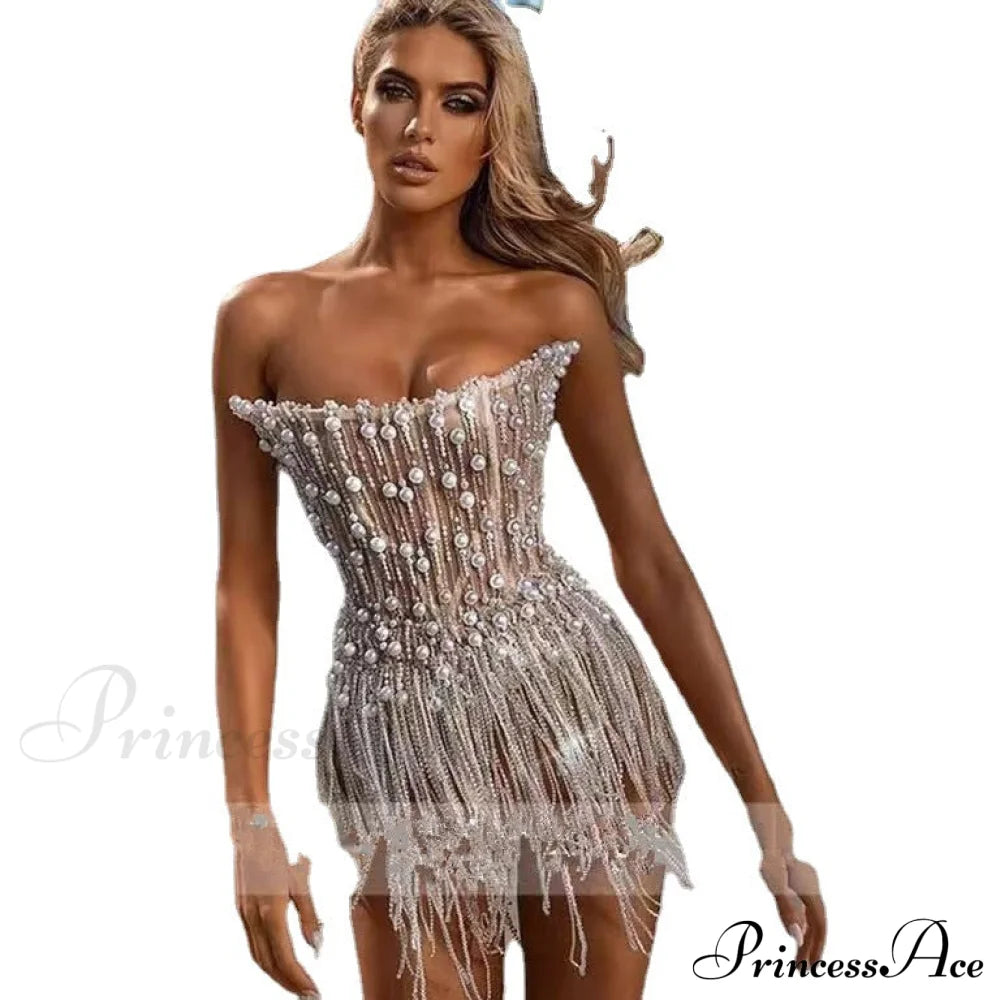 Emma Fringe Graceful Tassel Bodycon Dress Party Dresses-L