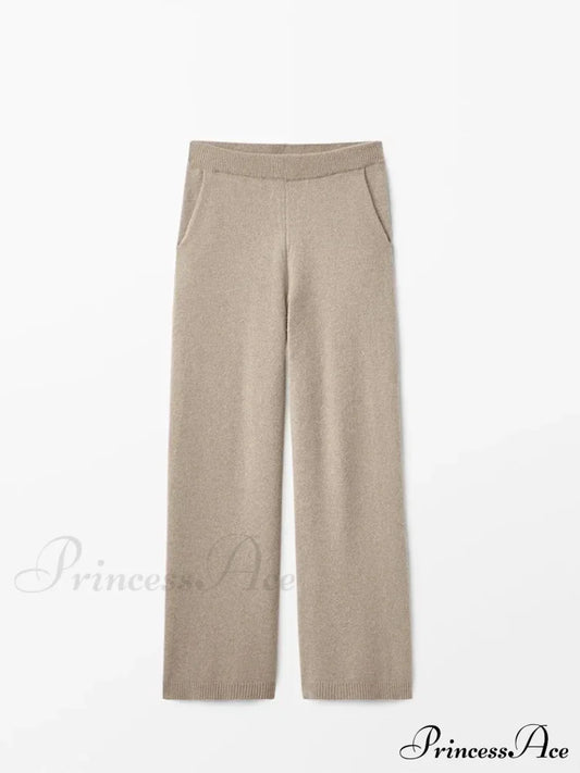 Ethereal Elegant Knitted Casual Elastic High-Waisted Straight Leg Pants Khaki / S