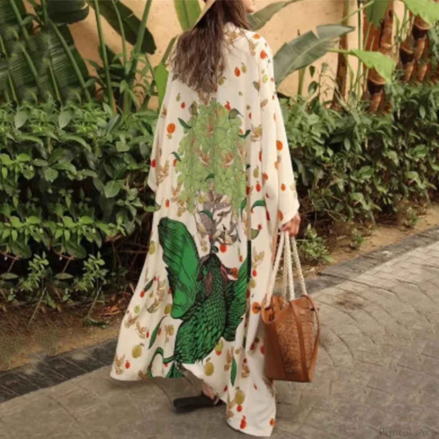 Ethnic Floral Long Sleeve Boho Kaftan Cover up Green / One Size bohocoverup-250126