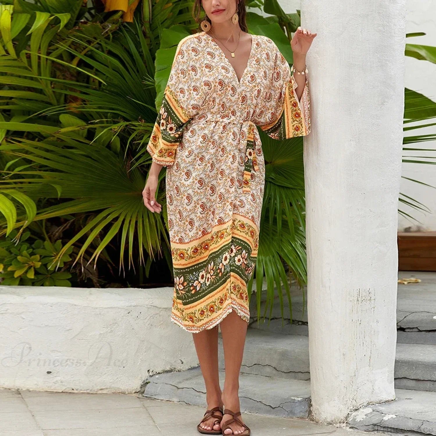 Ethnic Floral Loose Rayon Kaftan Boho Cover up Yellow / One Size bohocoverup-250126