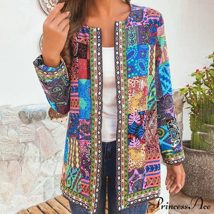 Ethnic Floral Print Long Sleeve Loose Coat Cardigan Chic Outerwear