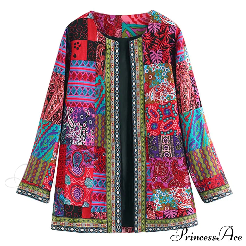 Ethnic Floral Print Long Sleeve Loose Coat Cardigan Chic Outerwear