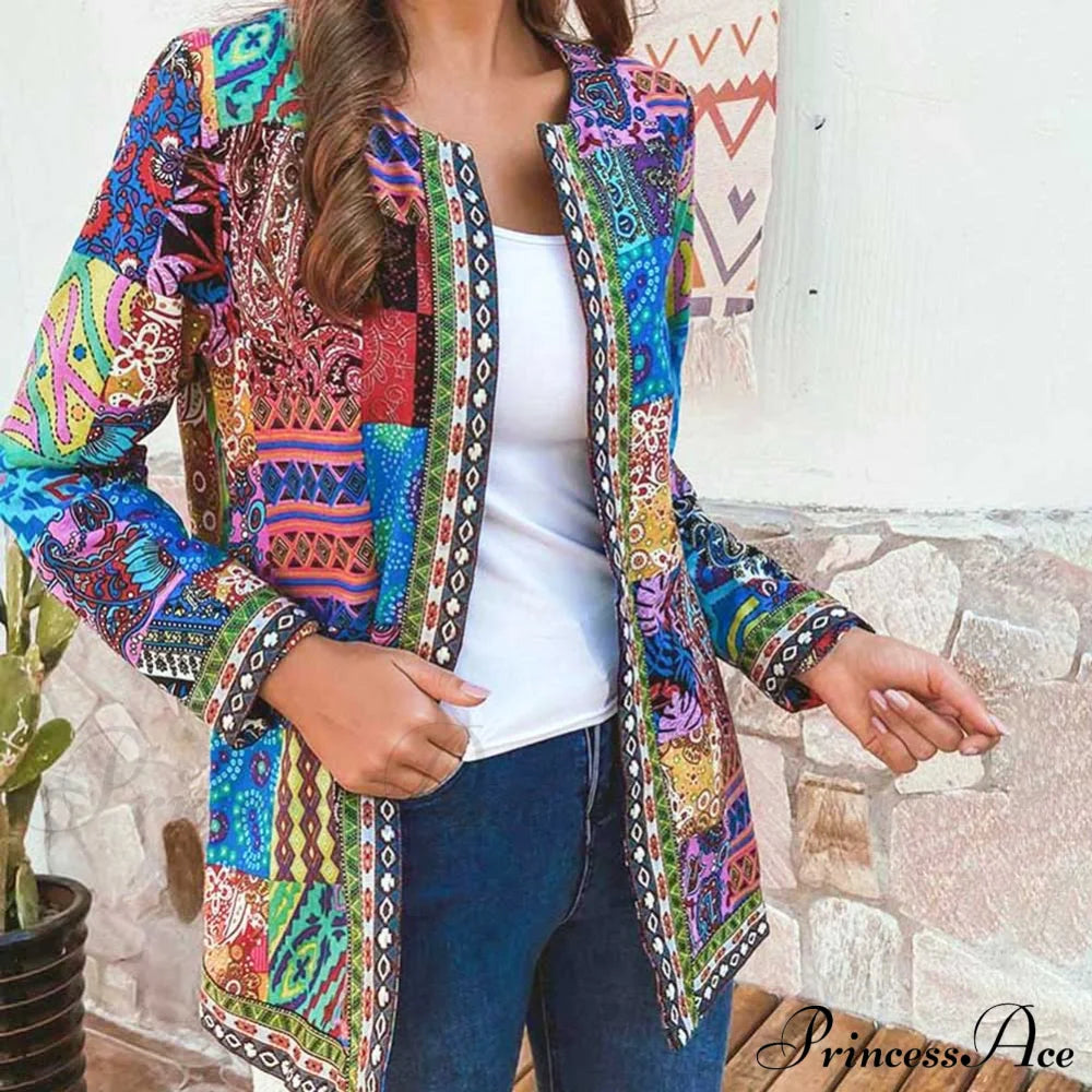 Ethnic Floral Print Long Sleeve Loose Coat Cardigan Chic Outerwear