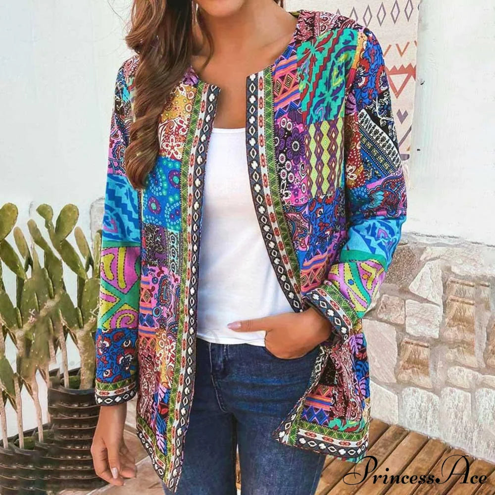 Ethnic Floral Print Long Sleeve Loose Coat Cardigan Chic Outerwear