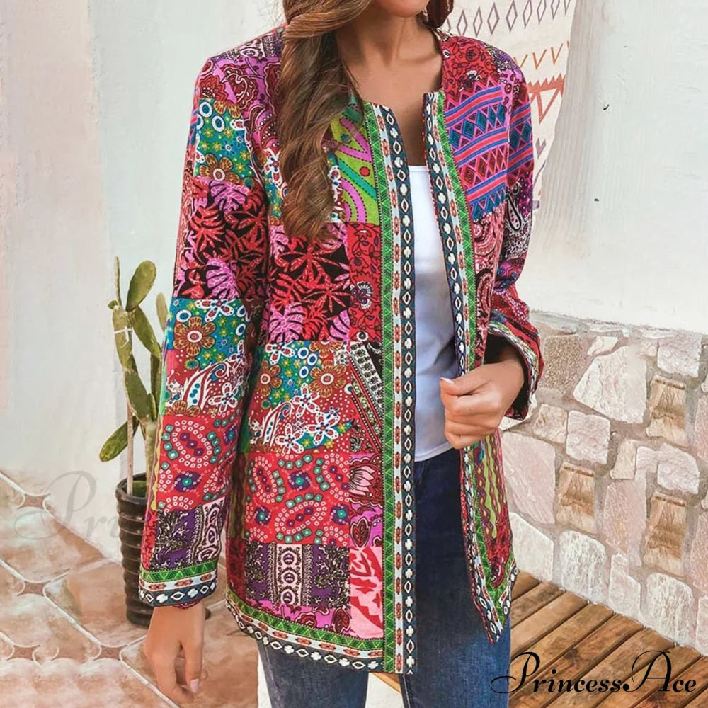 Ethnic Floral Print Long Sleeve Loose Coat Cardigan Chic Outerwear