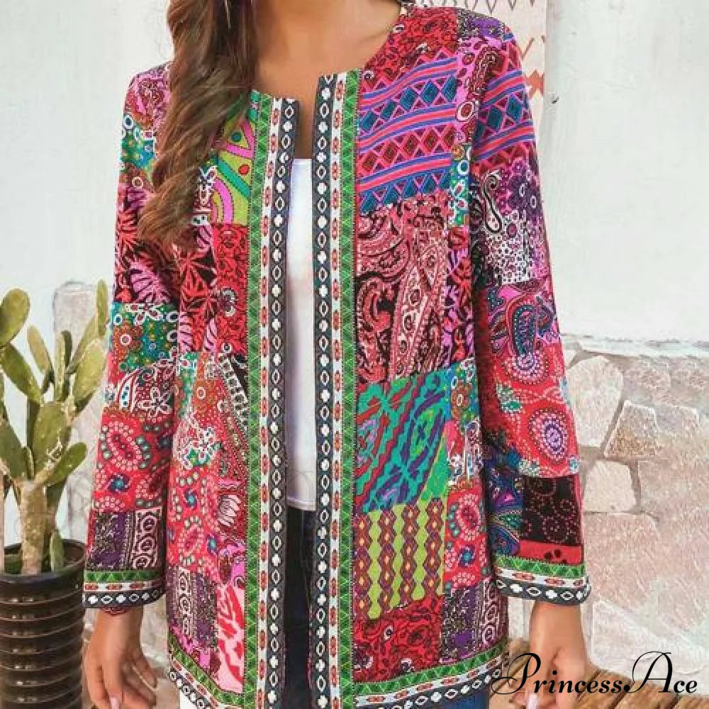 Ethnic Floral Print Long Sleeve Loose Coat Cardigan Chic Outerwear Red / L