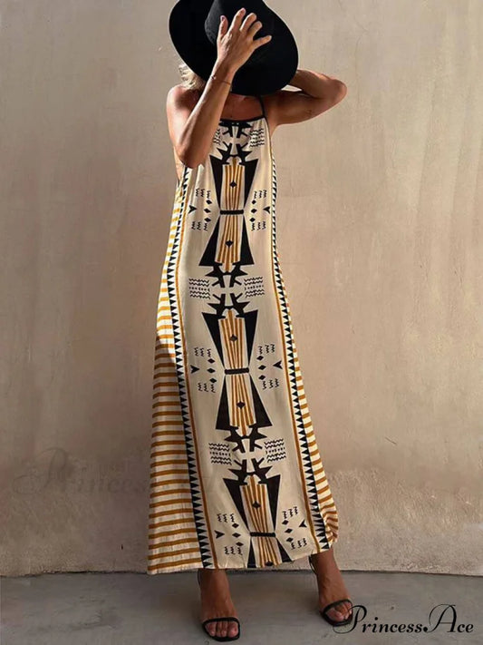 Ethnic Print Backless Charming A-Line Maxi Dress Dresses