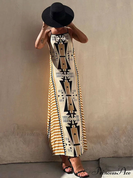 Ethnic Print Backless Charming A-Line Maxi Dress Yellow / S Dresses