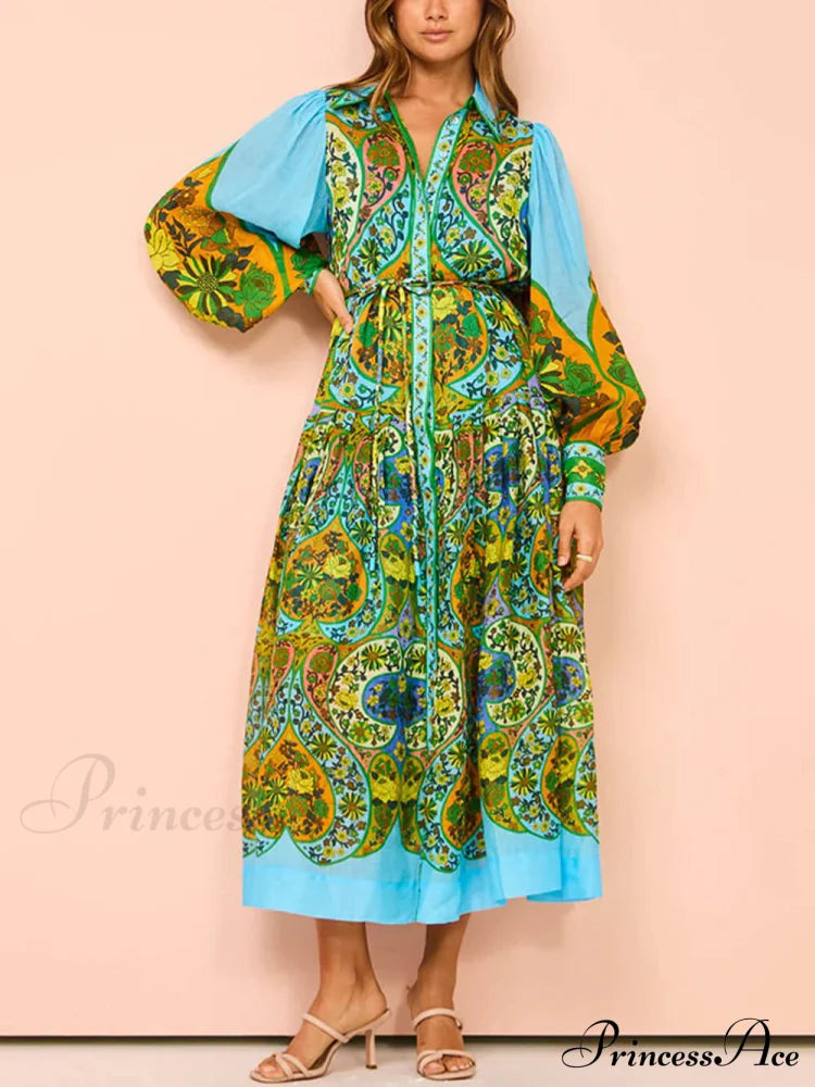 Ethnic Print Cardigan Charming Lace-Up Lapel Long-Sleeved Dress Dresses