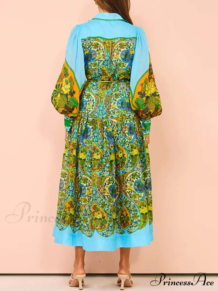 Ethnic Print Cardigan Charming Lace-Up Lapel Long-Sleeved Dress Dresses