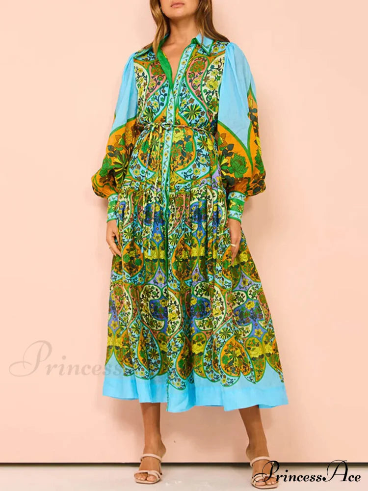 Ethnic Print Cardigan Charming Lace-Up Lapel Long-Sleeved Dress Dresses