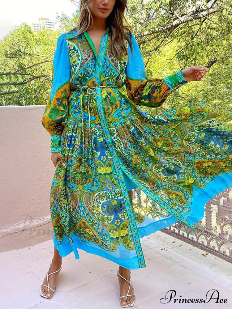 Ethnic Print Cardigan Charming Lace-Up Lapel Long-Sleeved Dress Multicolor / Xl Dresses