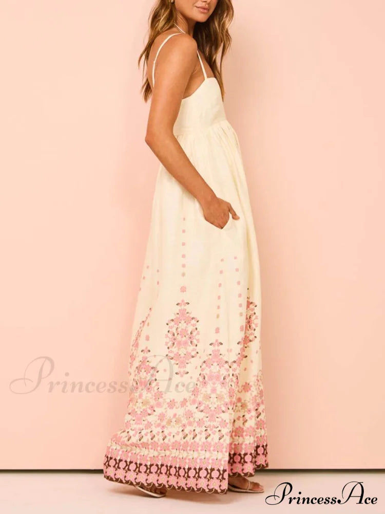 Ethnic Print Halter Charming Cream Extra Maxi Dress Dresses