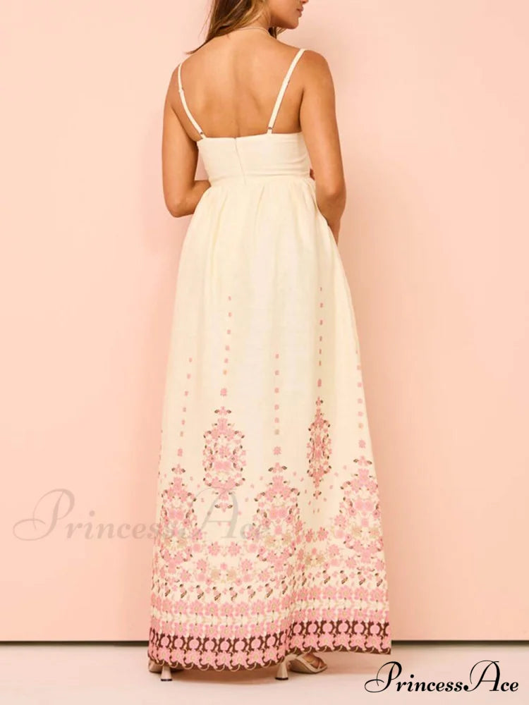 Ethnic Print Halter Charming Cream Extra Maxi Dress Dresses