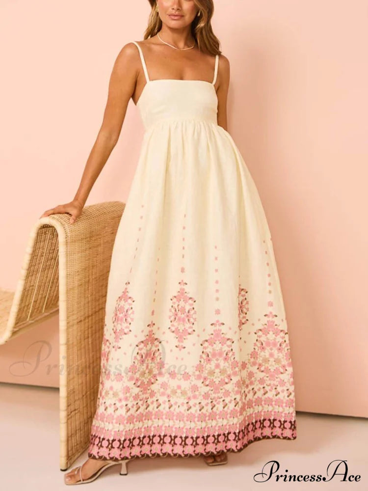 Ethnic Print Halter Charming Cream Extra Maxi Dress Dresses