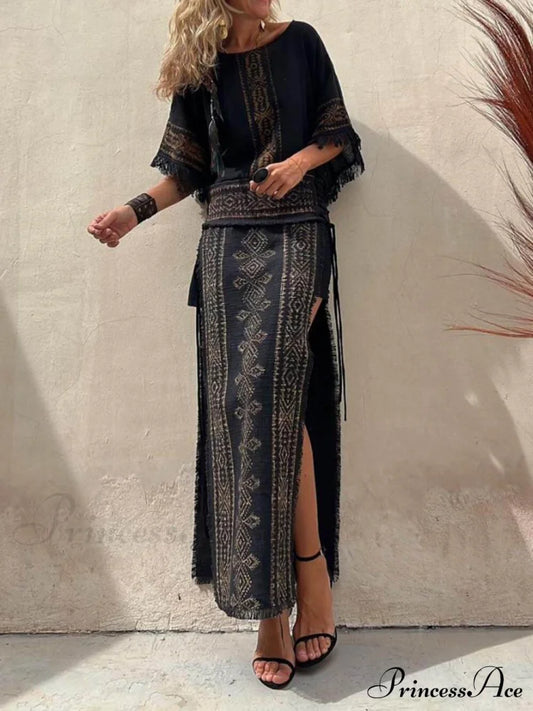 Ethnic Print Patchwork Charming Side Lace-Up Maxi Skirt Dresses