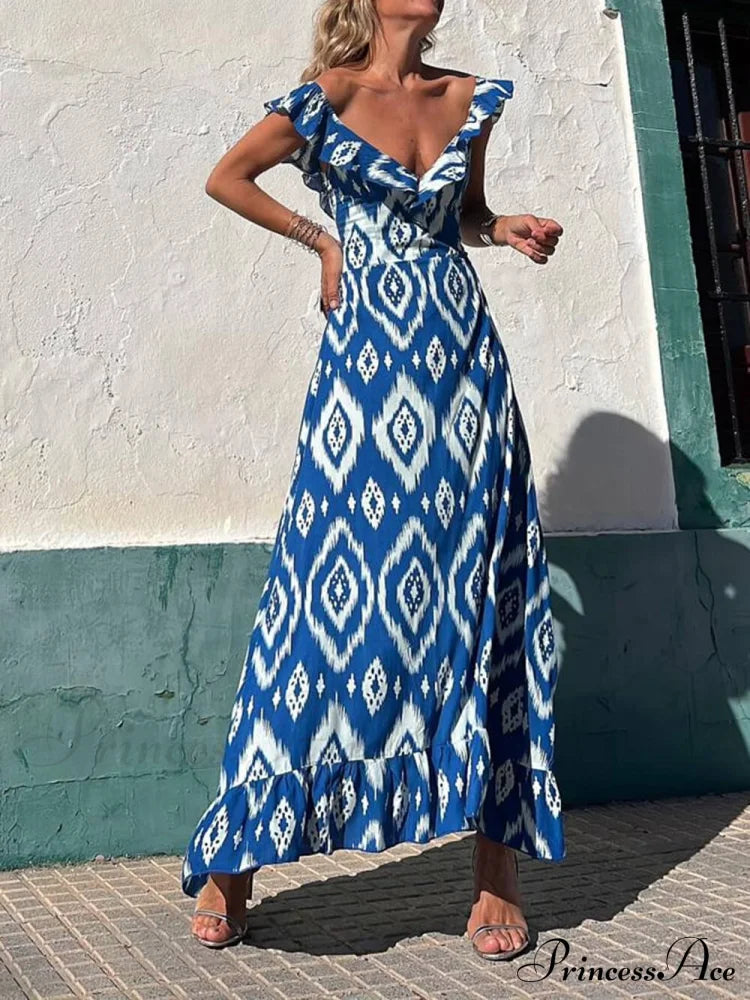 Ethnic Print Smocked Bust Graceful Ruffle Neck Maxi Dress Blue / S Dresses