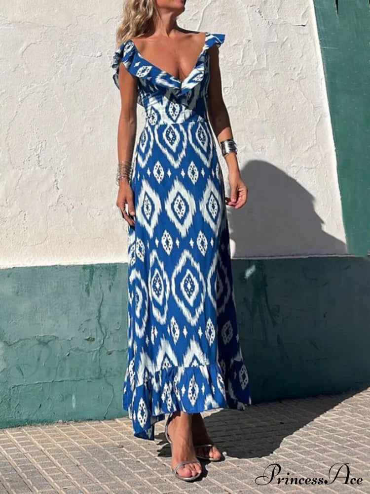 Ethnic Print Smocked Bust Graceful Ruffle Neck Maxi Dress Dresses