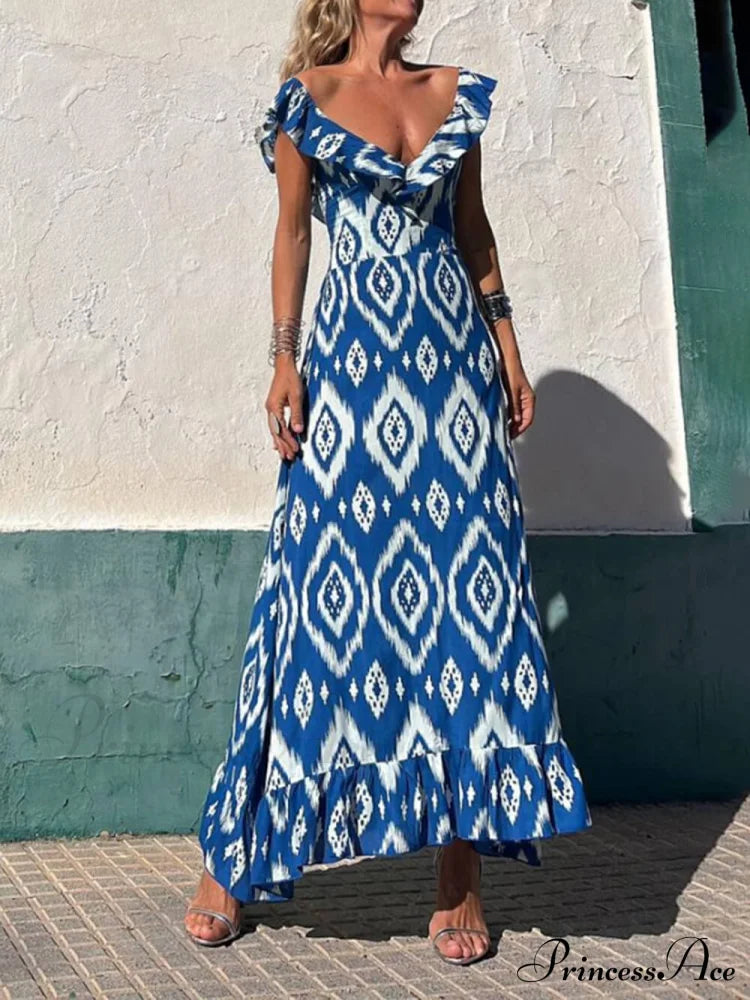 Ethnic Print Smocked Bust Graceful Ruffle Neck Maxi Dress Dresses