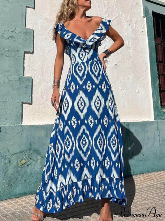 Ethnic Print Smocked Bust Graceful Ruffle Neck Maxi Dress Dresses