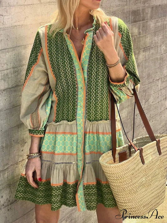 Ethnic Print Three-Quarter Charming Sleeve Mini Dress Green / S Dresses