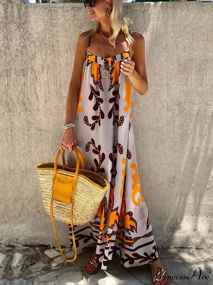 Ethnic Printed Loose Charming Cami Maxi Dress Multicolor / S Dresses